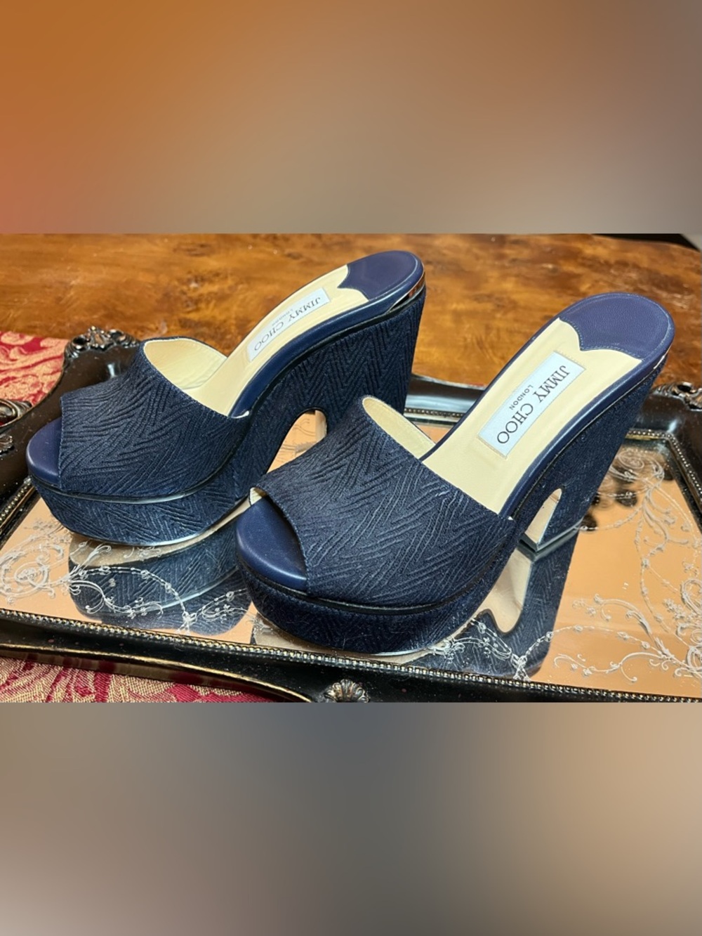 Jimmy Choo DeeDee Navy Blue Wedge Textured Platform Peep-Toe Mules EU 37.5 US 7